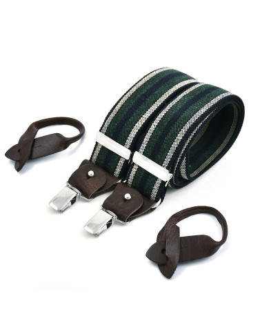 Superior wide men's braces / suspenders – Green and ecru stripe on navy - Bertelles