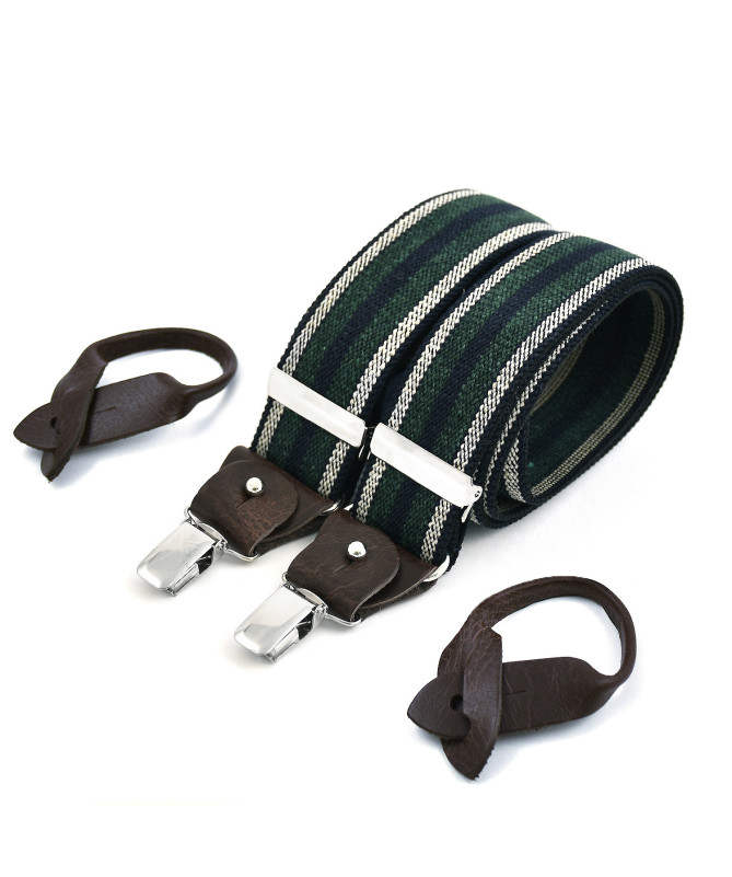 Superior wide men's braces / suspenders – Green and ecru stripe on navy - Bertelles