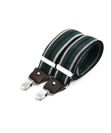 Wide clip-on men's braces / suspenders with leather details - Green and ecru stripe on navy – Bertelles