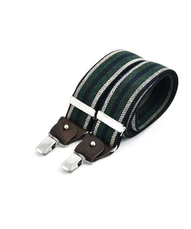 Wide clip-on men's braces / suspenders with leather details - Green and ecru stripe on navy – Bertelles