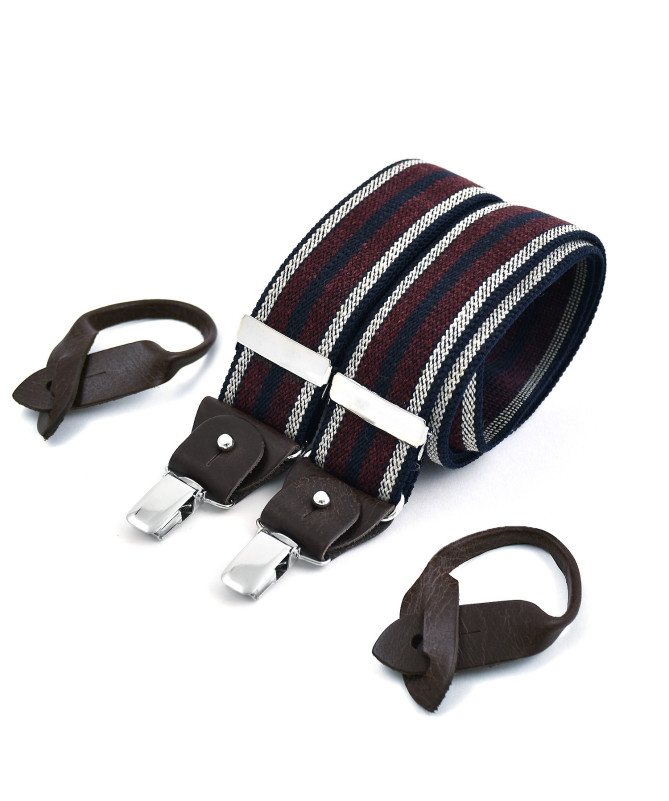 Superior wide men's braces / suspenders – Wine and ecru stripe on navy – Bertelles