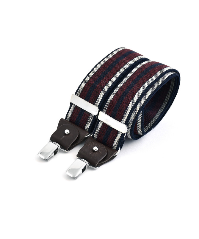 Wide clip-on men's braces / suspenders with leather details - Wine and ecru stripe on navy - Bertelles