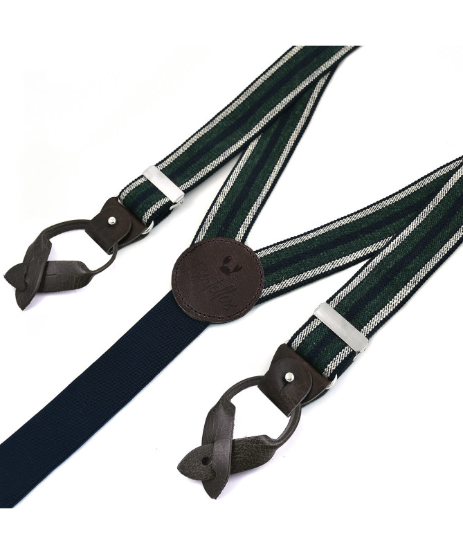 Superior wide men's braces / suspenders – Green and ecru stripe on navy - Bertelles