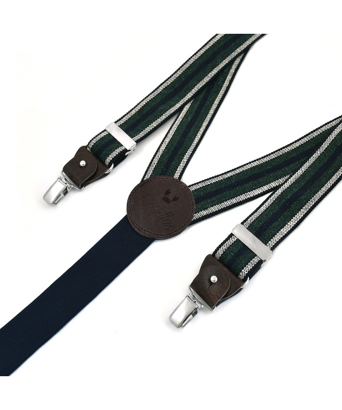 Bretelles homme larges à pinces et cuir - Rayure verte et écru sur bleu marine - Bertelles