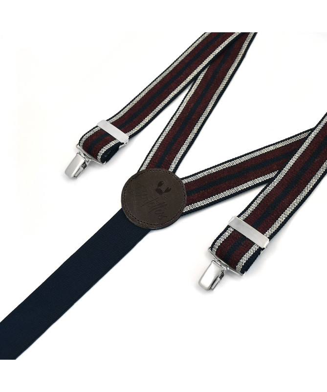 Wide clip-on men's braces / suspenders - Wine and ecru stripe on navy – Bertelles