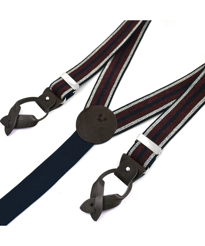 Superior wide men's braces / suspenders – Wine and ecru stripe on navy – Bertelles