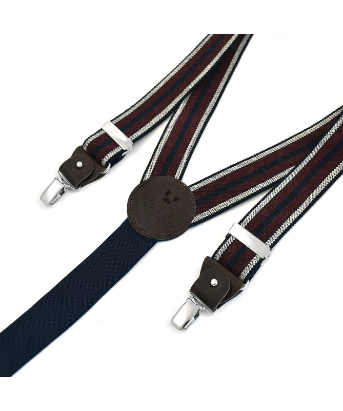 Bretelles homme larges à pinces et cuir - Rayure bordeaux et écru sur bleu marine - Bertelles