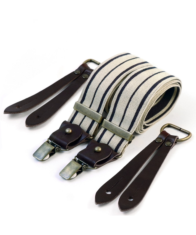 Selvedge wide men's braces / suspenders – Navy stripe on ecru