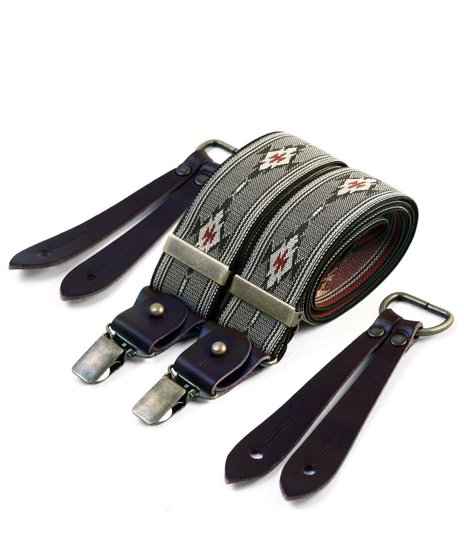 Bretelles larges Selvedge cuir buffalo - Motif Aztèque - Bertelles