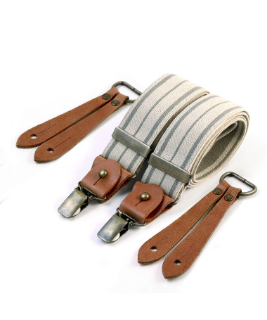 Bretelles larges Selvedge cuir cognac - Rayure grise sur écru - Bertelles