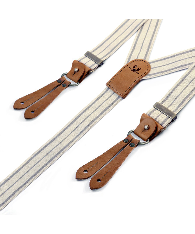 Bretelles larges Selvedge cuir cognac - Rayure grise sur écru - Bertelles
