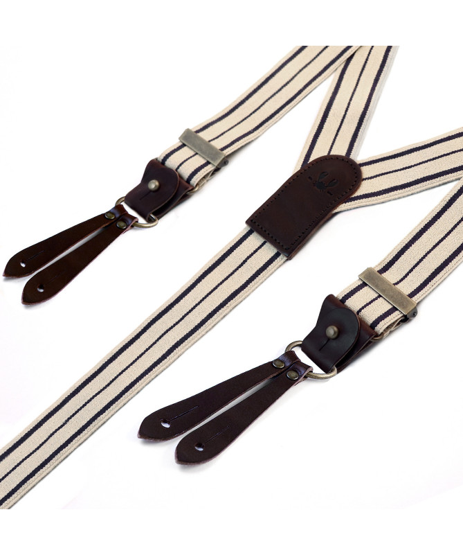 Selvedge wide men's braces / suspenders – Navy stripe on ecru