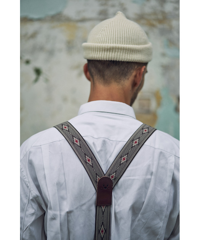 Selvedge wide men's braces / suspenders – Aztec pattern