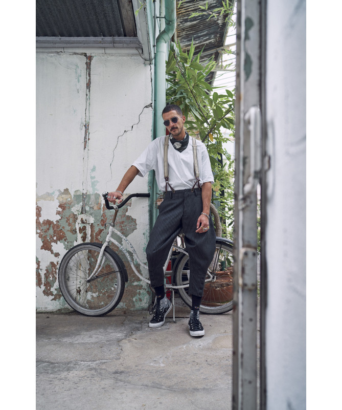 Bretelles larges Selvedge cuir buffalo - Rayure bleu marine sur écru - Bertelles