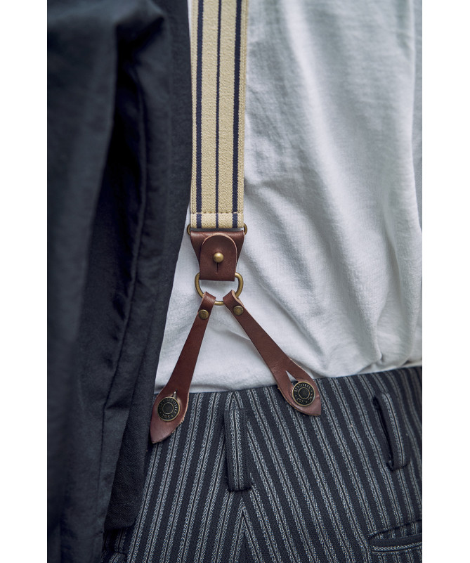 Bretelles larges Selvedge cuir buffalo - Rayure bleu marine sur écru - Bertelles