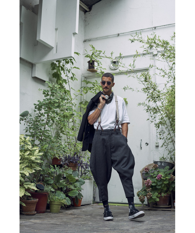 Bretelles larges Selvedge cuir buffalo - Rayure bleu marine sur écru - Bertelles