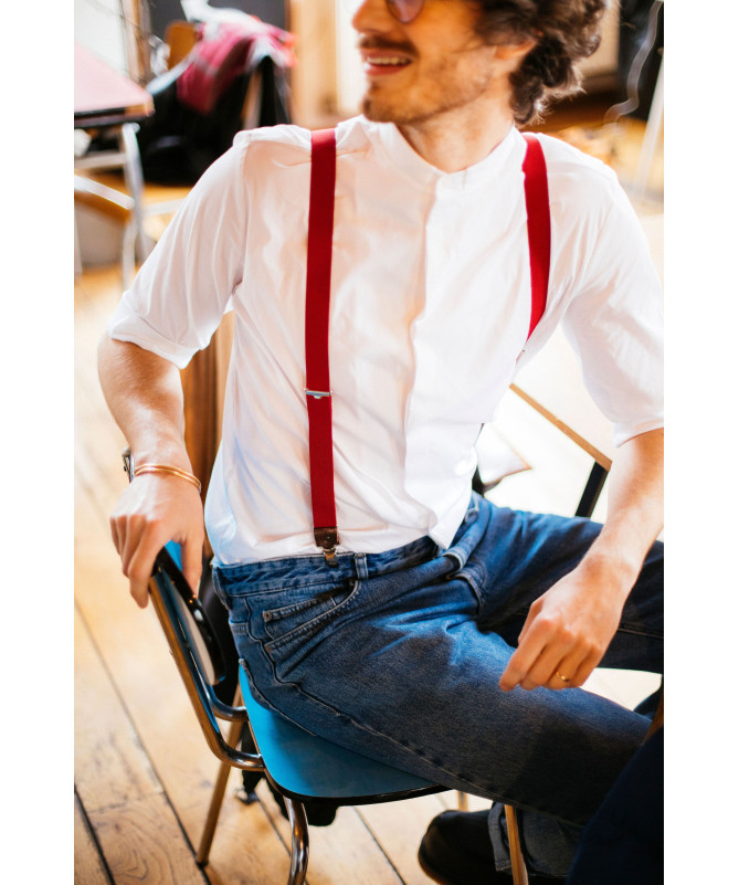 Thin clip-on men's braces / suspenders with leather details – Red