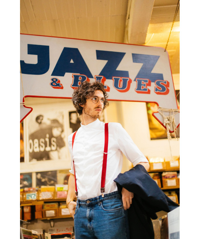 Thin clip-on men's braces / suspenders with leather details – Red