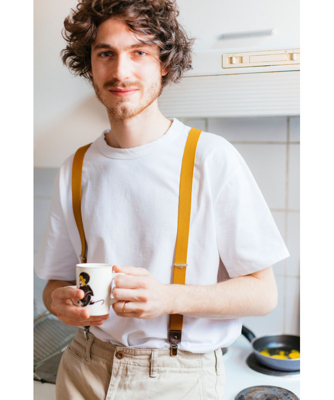 Thin clip-on men's braces / suspenders with leather details – Curry