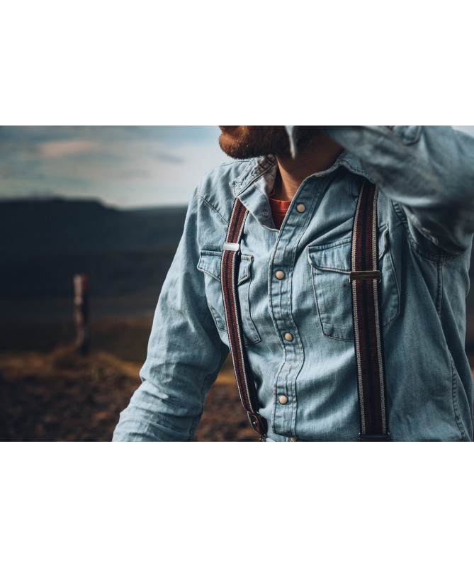 Wide clip-on men's braces / suspenders with leather details - Wine and ecru stripe on navy - Bertelles
