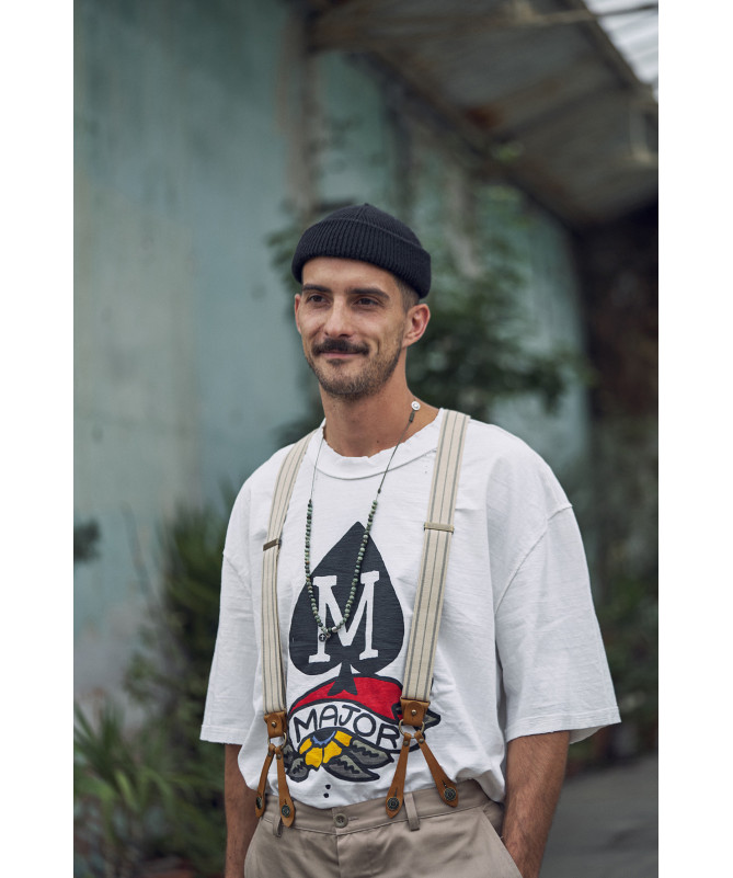 Selvedge wide men's braces / suspenders – Grey stripe on ecru