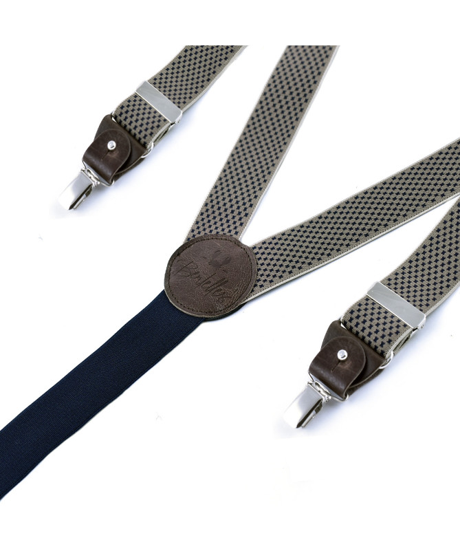Bretelles homme larges à pinces et cuir – Croix navy sur beige - Bertelles