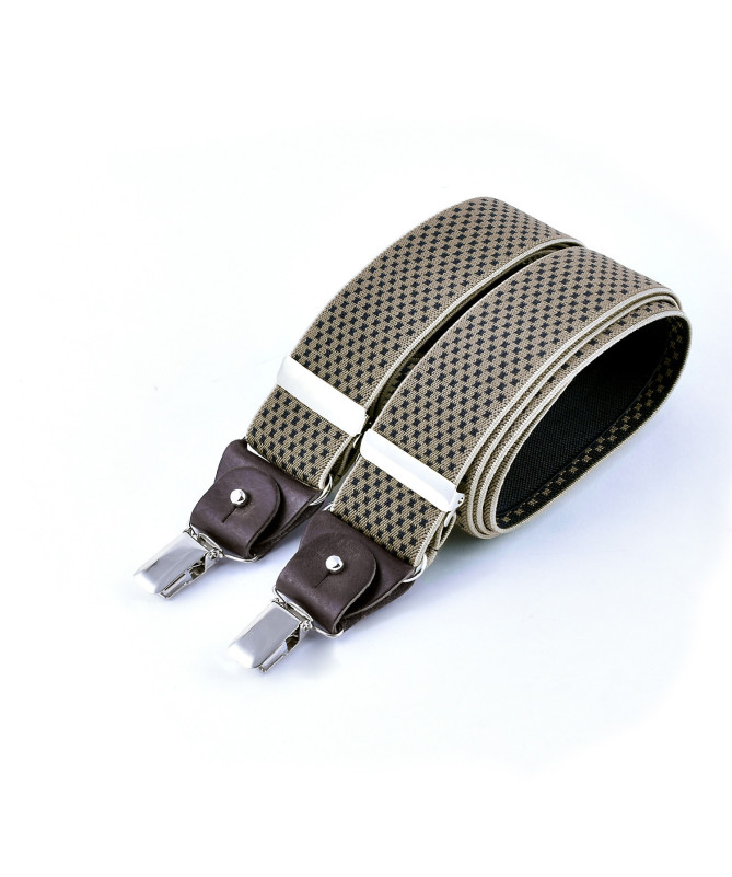 Wide clip-on men's braces / suspenders with leather details – Navy cross on beige