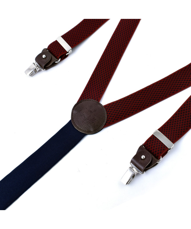 Bretelles homme larges à pinces et cuir – Croix navy sur bordeaux - Bertelles