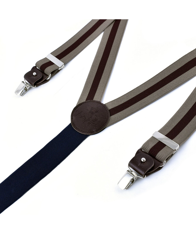 Wide clip-on men's braces / suspenders with leather details – Dark wine stripe on beige