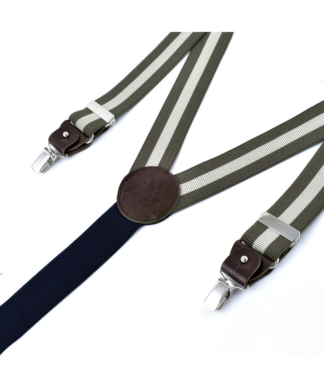 Wide clip-on men's braces / suspenders with leather details – Ecru stripe on khaki