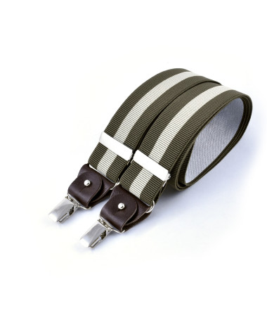 Wide clip-on men's braces / suspenders with leather details – Ecru stripe on khaki
