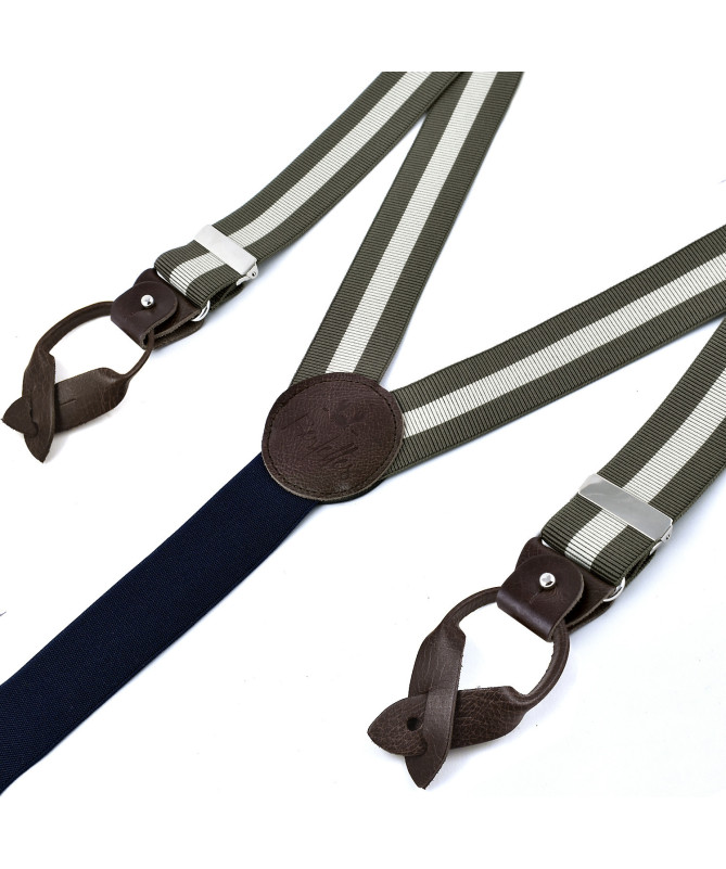 Superior wide men's braces / suspenders – Ecru stripe on khaki