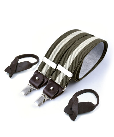 Superior wide men's braces / suspenders – Ecru stripe on khaki