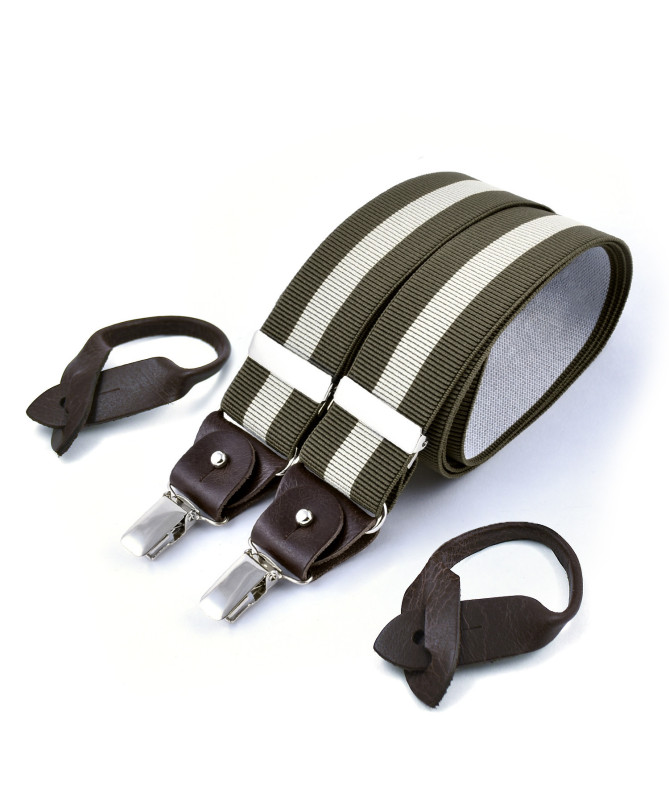 Superior wide men's braces / suspenders – Ecru stripe on khaki