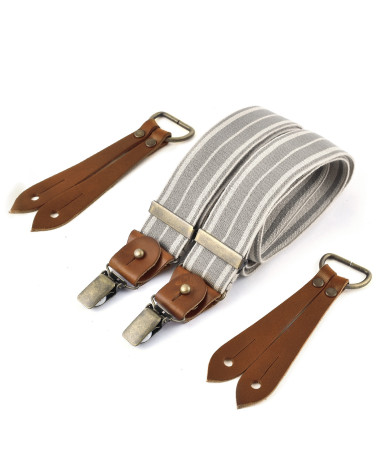 Selvedge wide men's braces / suspenders – Ecru stripe on grey