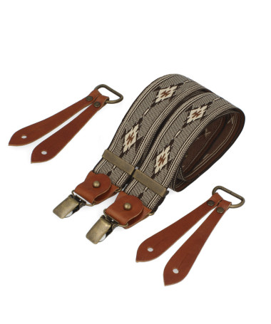 Bretelles larges Selvedge cuir cognac - Motif Aztèque - Bertelles