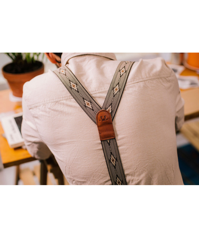 Bretelles larges Selvedge cuir cognac - Motif Aztèque - Bertelles