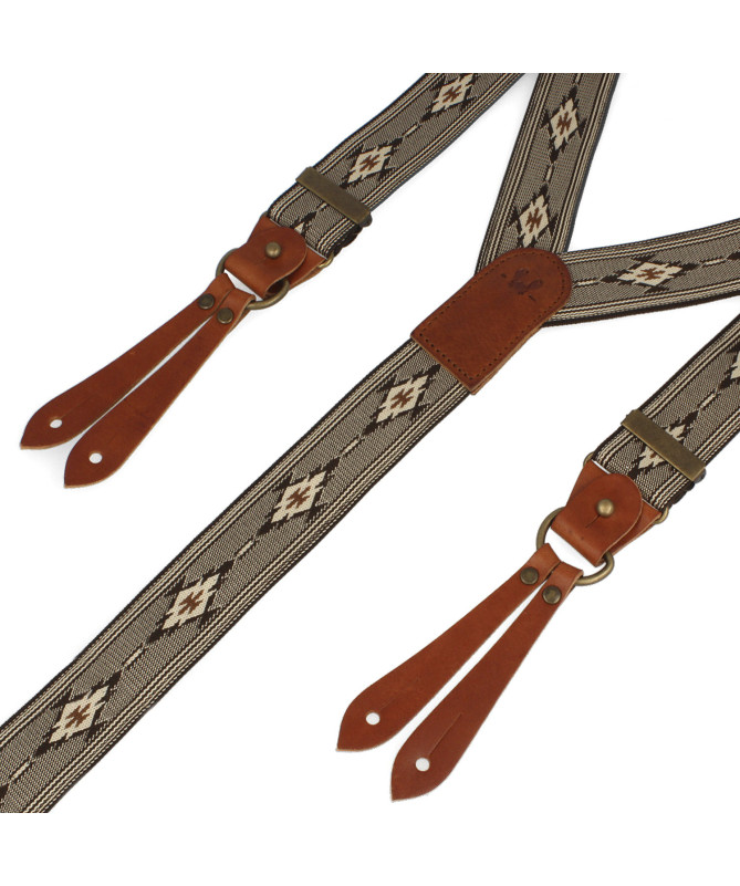 Bretelles larges Selvedge cuir cognac - Motif Aztèque - Bertelles