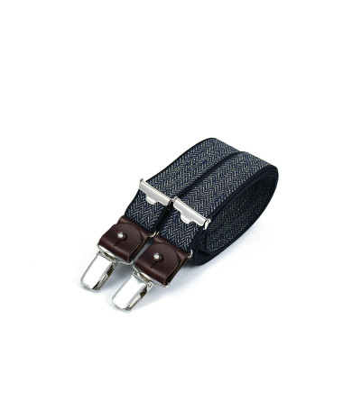 Thin clip-on men's braces / suspenders with leather details – Navy chevron
