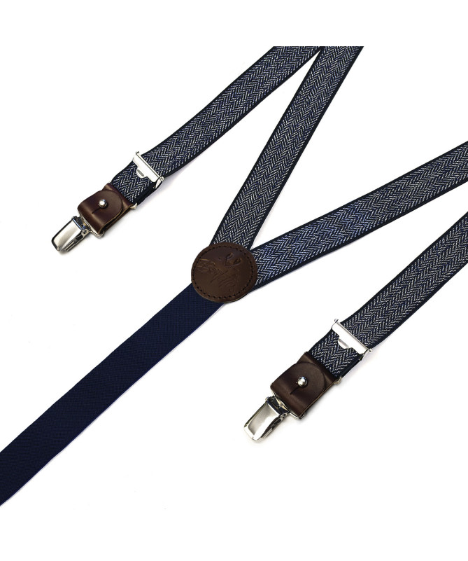 Thin clip-on men's braces / suspenders with leather details – Navy chevron