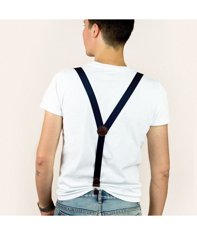 Thin men's braces / suspenders with leather details – Navy with white polka-dots