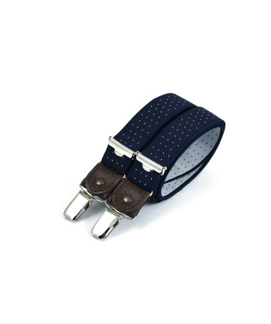 Thin men's braces / suspenders with leather details – Navy with white polka-dots