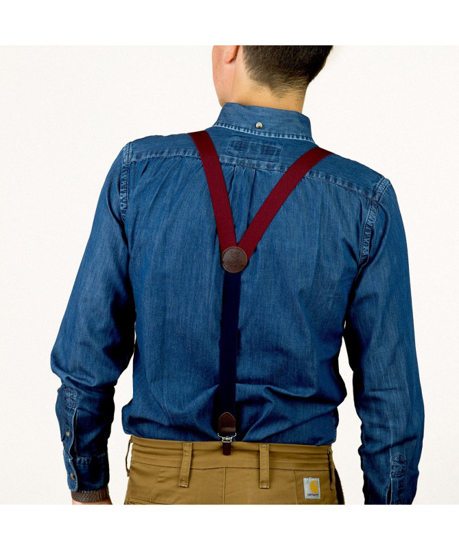 Thin clip-on men's braces / suspenders with leather details – Wine