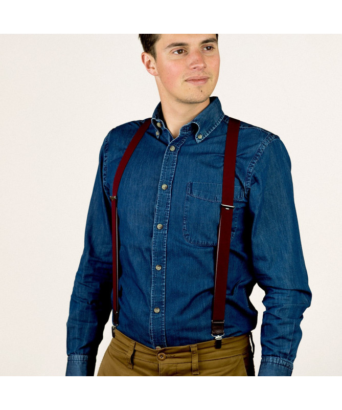 Thin clip-on men's braces / suspenders with leather details – Wine